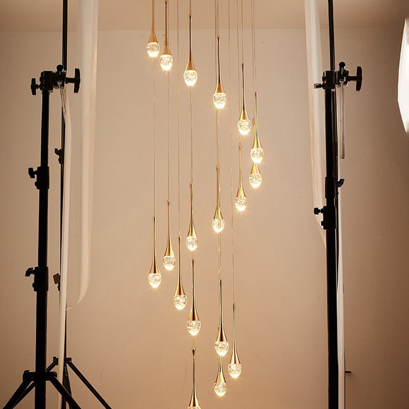 Crystal Gold LED Hanging Lamp in Modern Luxury Style Electroplate Aluminium Pendant Light for Stairs