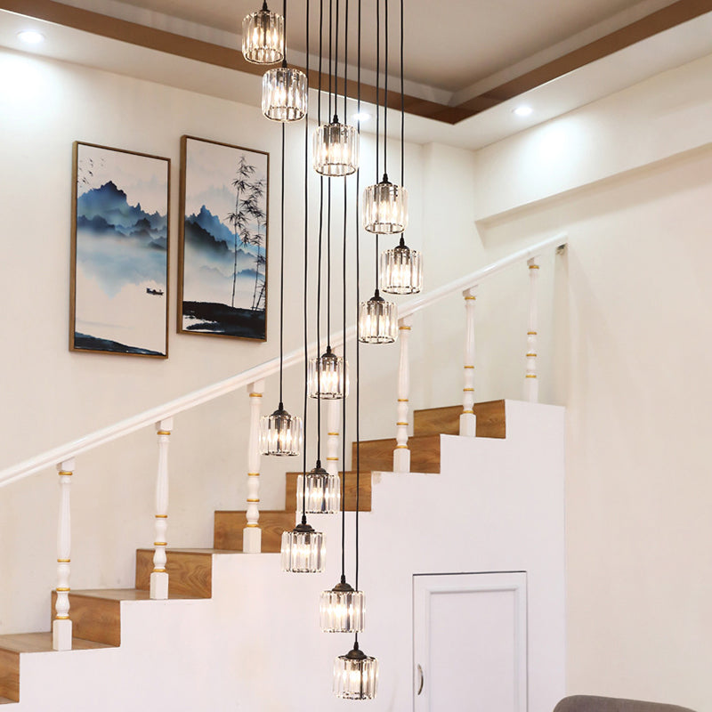 Lacquered Iron Black Hanging Lamp in Modern Luxury Style Crystal Cylindroid Pendant Light for Stairs