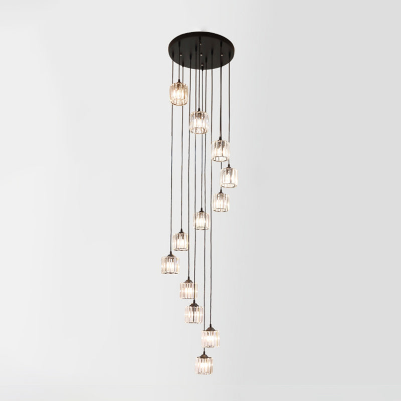 Lacquered Iron Black Hanging Lamp in Modern Luxury Style Crystal Cylindroid Pendant Light for Stairs