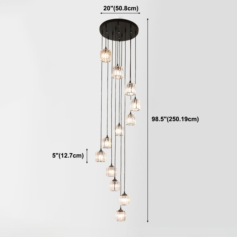 Lacquered Iron Black Hanging Lamp in Modern Luxury Style Crystal Cylindroid Pendant Light for Stairs