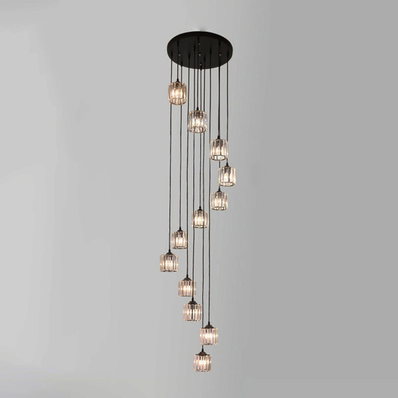 Lacquered Iron Black Hanging Lamp in Modern Luxury Style Crystal Cylindroid Pendant Light for Stairs