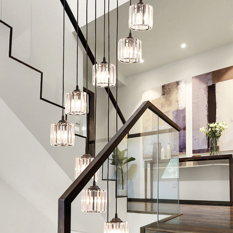 Lacquered Iron Black Hanging Lamp in Modern Luxury Style Crystal Cylindroid Pendant Light for Stairs