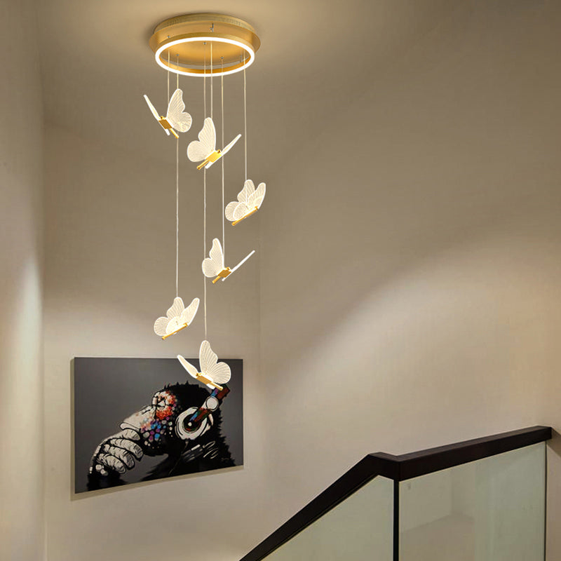 Acrylgold -LED -Hängelampe im modernen künstlerischen Stil Eisen Schmetterling Anhänger Licht für Treppen