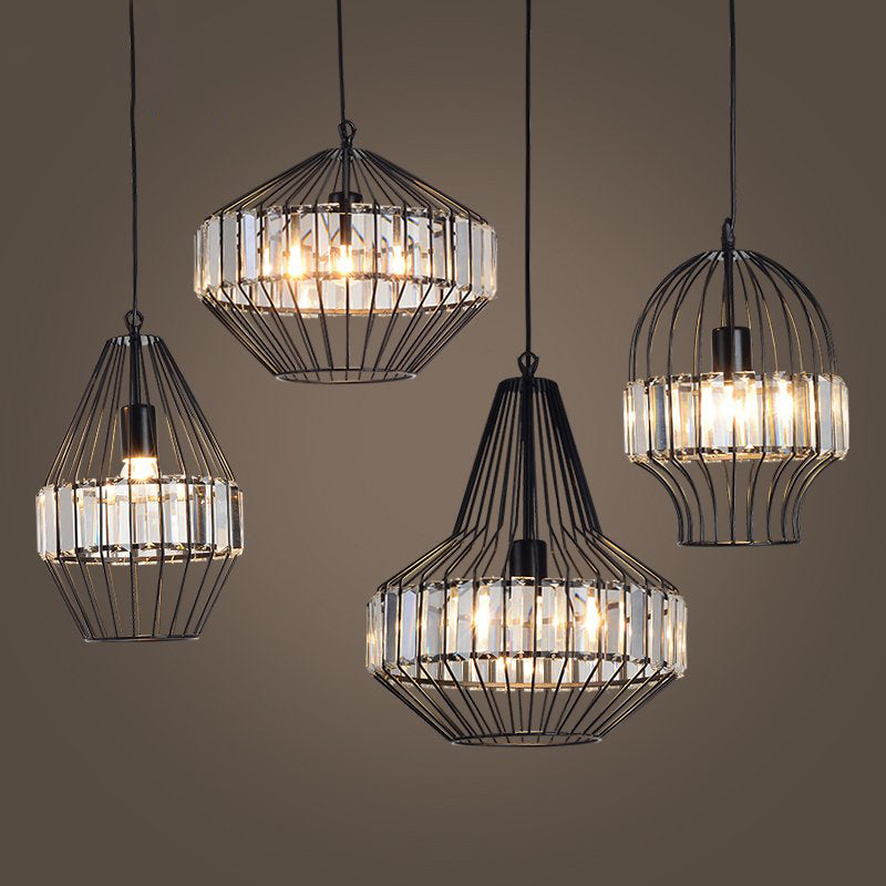 Illuminazione a sospensione cristallina in gabbia geometrica Vintage Light Black Affermazione per ristorante
