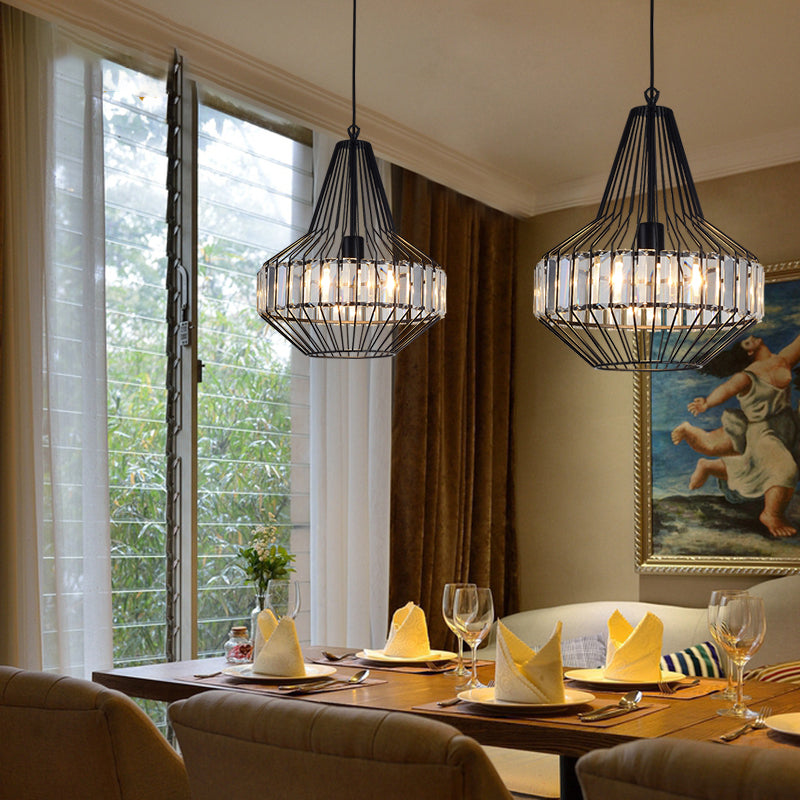 Illuminazione a sospensione cristallina in gabbia geometrica Vintage Light Black Affermazione per ristorante