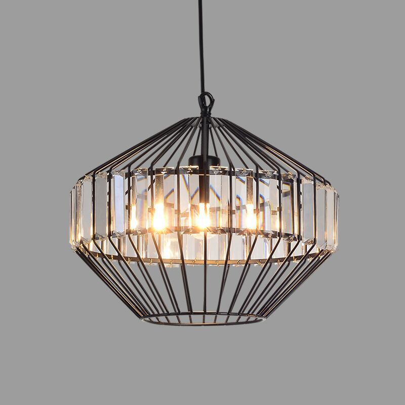 Illuminazione a sospensione cristallina in gabbia geometrica Vintage Light Black Affermazione per ristorante