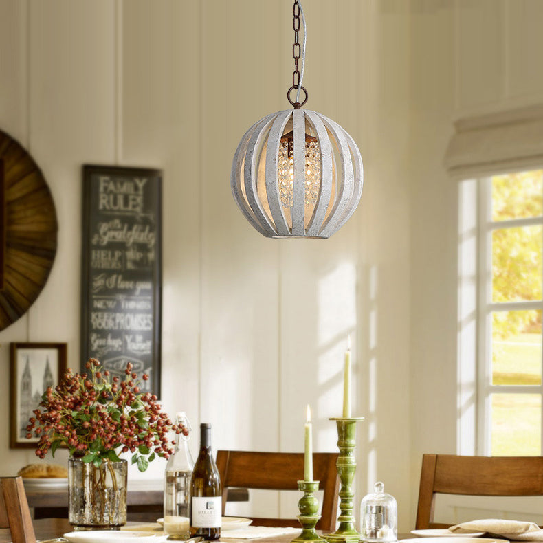 Wooden Globe Pendant Lamp Vintage 1-Light Dining Room Hanging Light with Crystal Beading