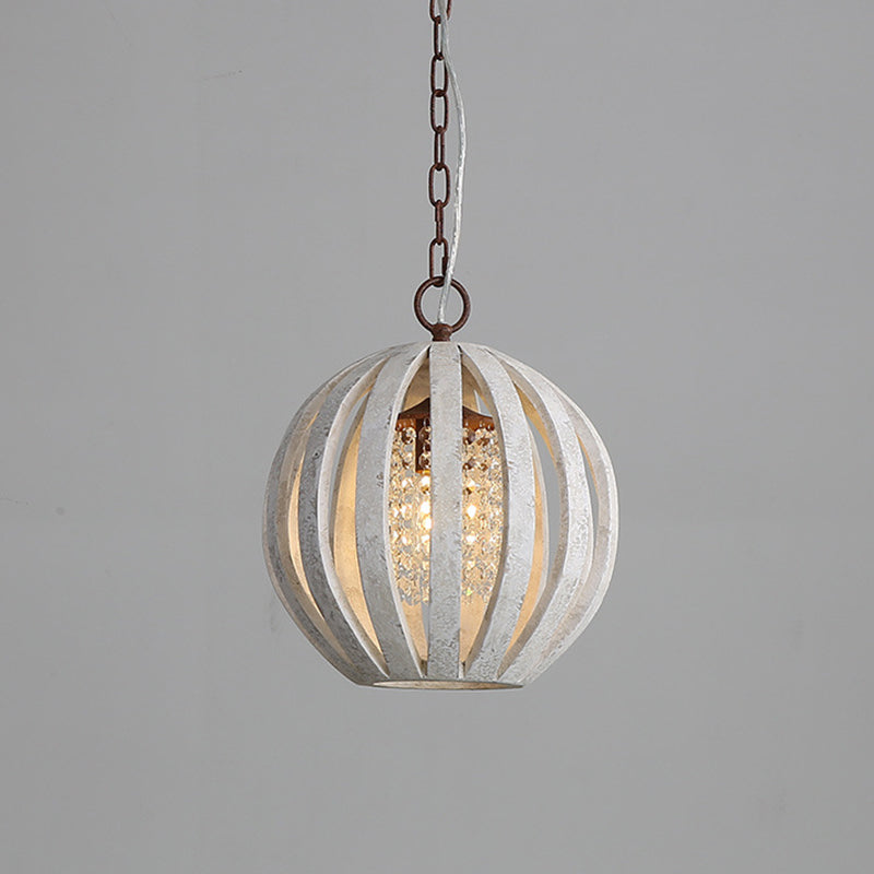 Wooden Globe Pendant Lamp Vintage 1-Light Dining Room Hanging Light with Crystal Beading