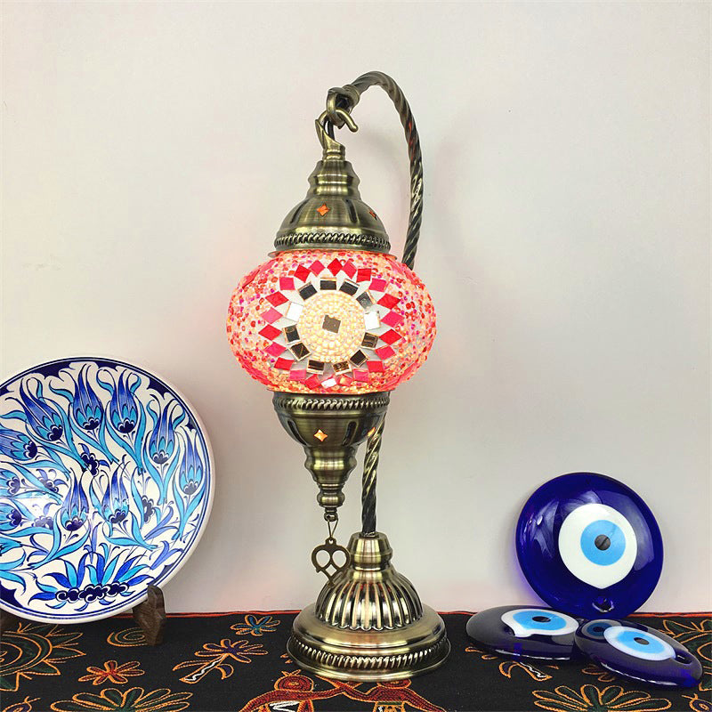 Asian Lantern Nightstand Light 1 Bulb Hand Cut Glass Night Lamp with Gooseneck Arm for Drawing Room
