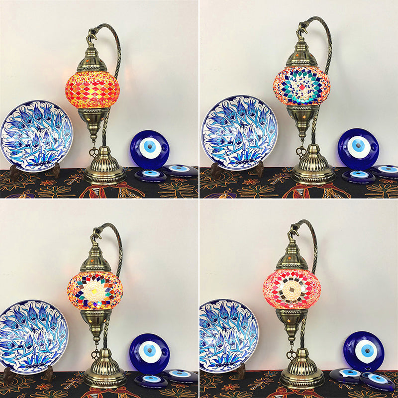 Asian Lantern Nightstand Light 1 Bulb Hand Cut Glass Night Lamp with Gooseneck Arm for Drawing Room