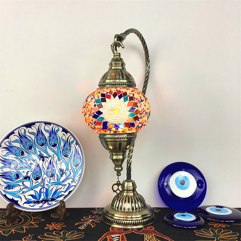 Asian Lantern Nightstand Light 1 Bulb Hand Cut Glass Night Lamp with Gooseneck Arm for Drawing Room