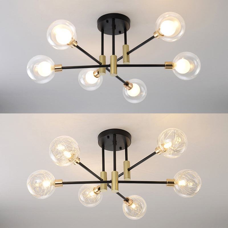 Black Sphere Ceiling Mount Light Fixture Modern Style Glass Multi Lights Semi Flush Mount Lamps