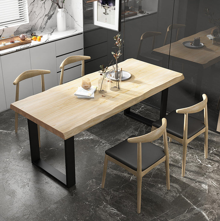 Rectangle Solid Wood Table Modern Dining Table with Metal Base and Double Pedestal for Restaurant