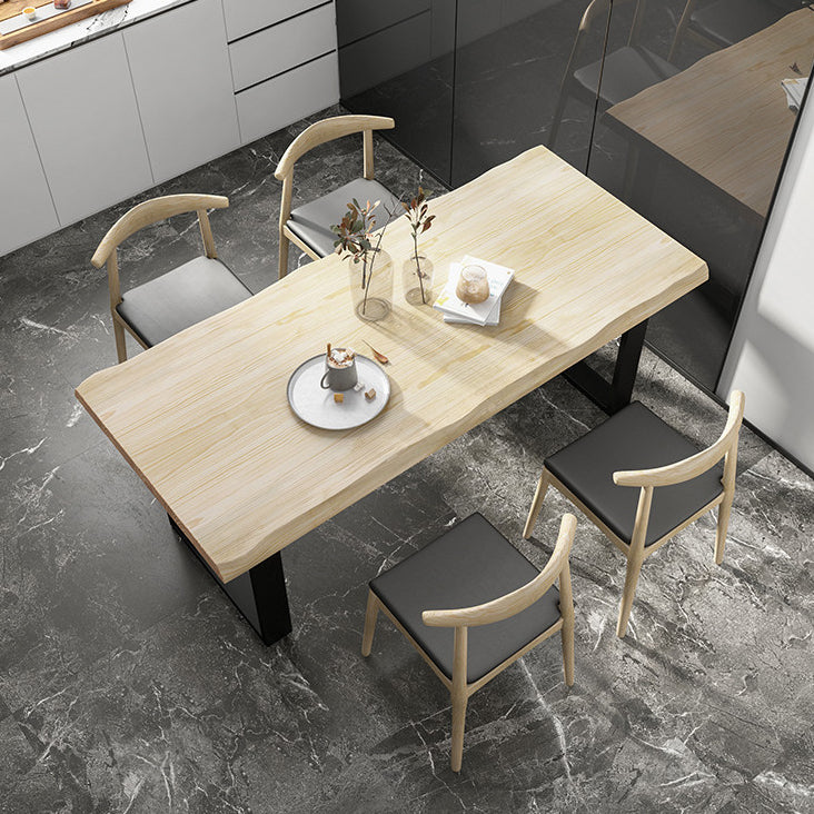 Rectangle Solid Wood Table Modern Dining Table with Metal Base and Double Pedestal for Restaurant
