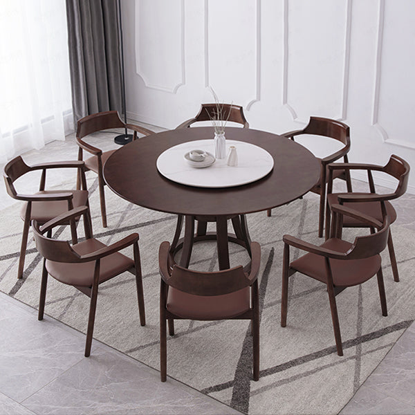 Modern Style Solid Wood Dining Table Brown Round Table with Pedestal Base