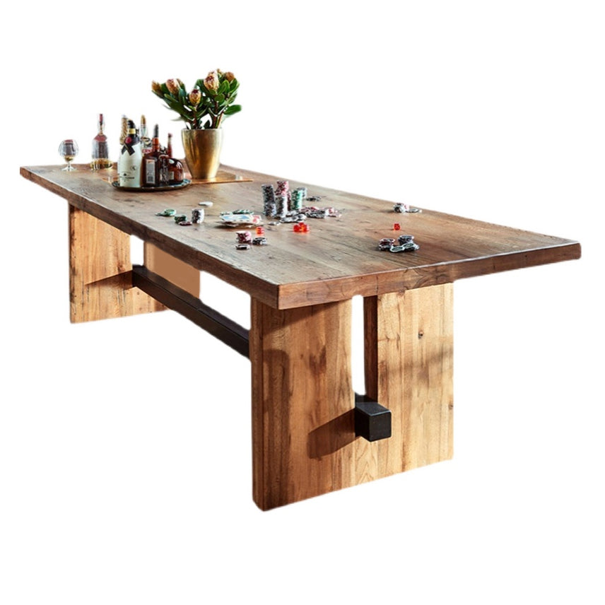 Minimalist Rectangle Shape Brown Dining Table Solid Wood Kitchen Dining Table with Trestle Base