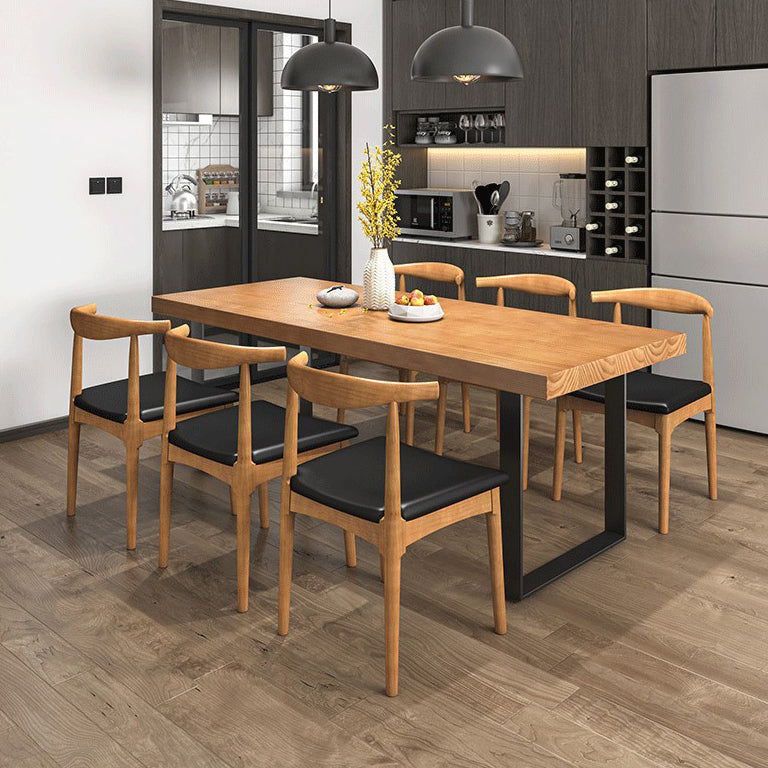Modern Solid Wood Table Rectangle Dining Table with Metal Double Pedestal Base