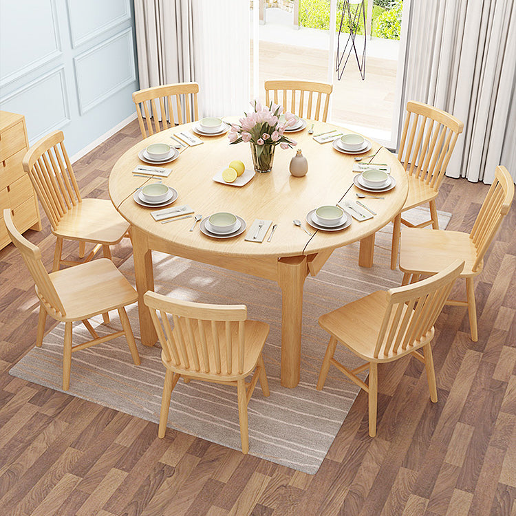 Modern Style Solid Wood Dining Table Brown Round Drop-Leaf Table with 4 Legs