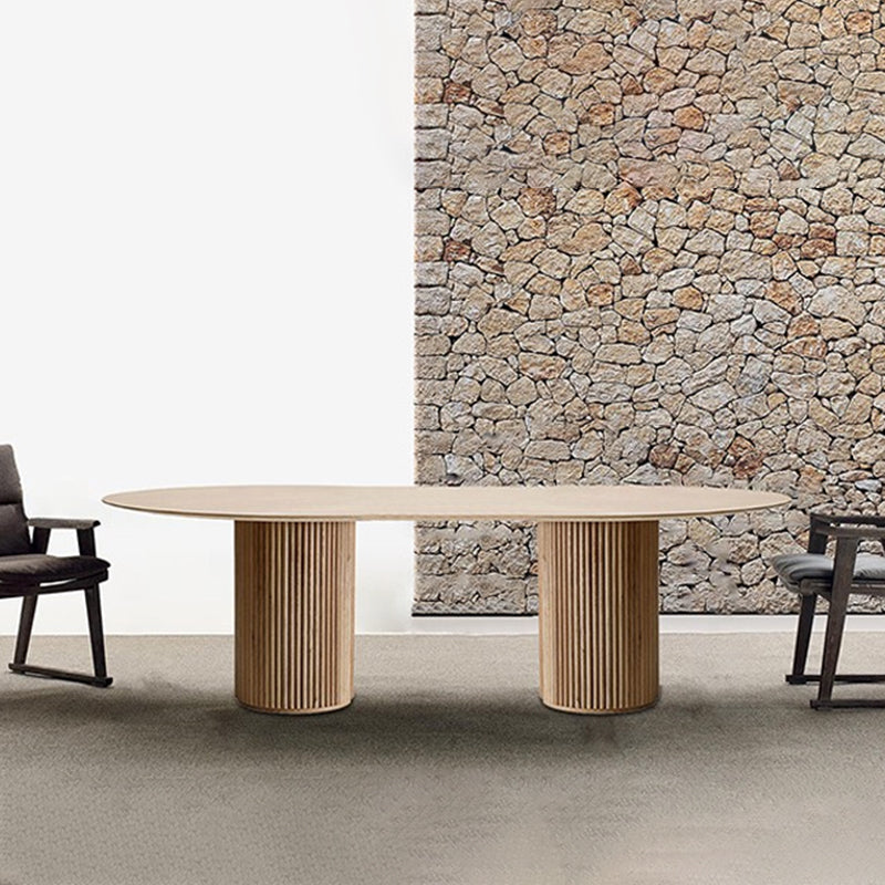 Oval Double Pedestal Modern Dining Table White Fixed Table with Solid Wood