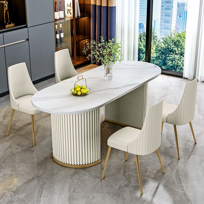 Eigentijdse ovale eettafel gesinterde stenen eettafel met dubbel voetstuk