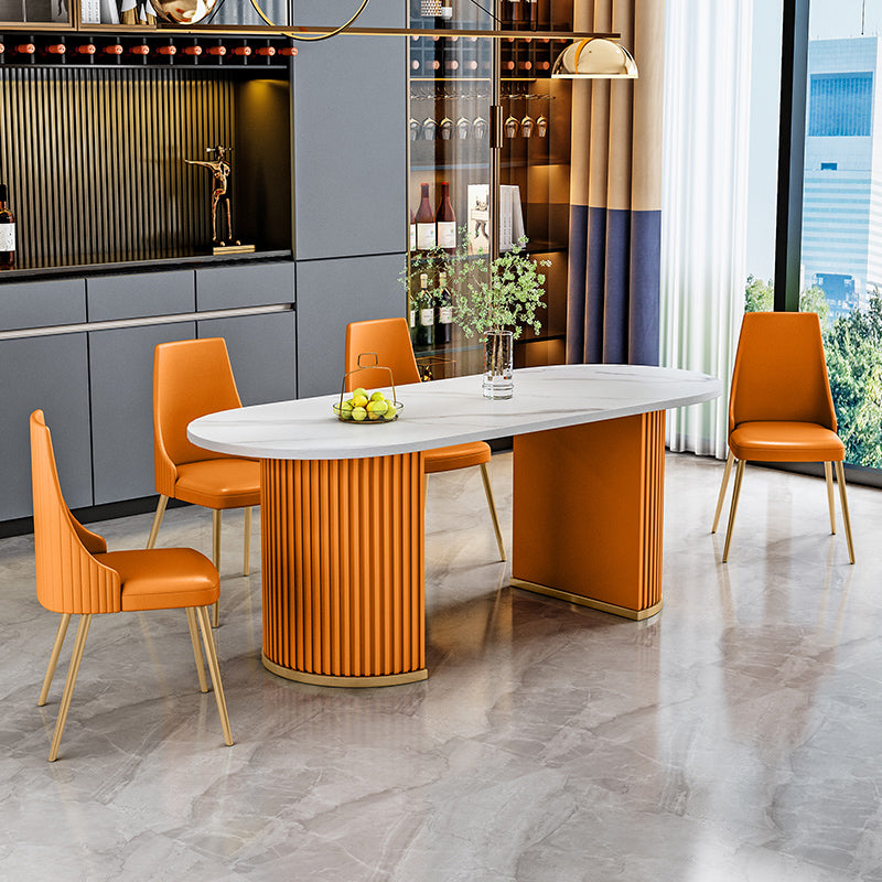 Eigentijdse ovale eettafel gesinterde stenen eettafel met dubbel voetstuk