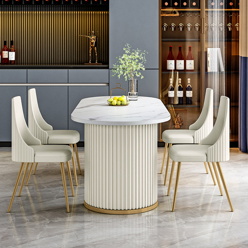 Eigentijdse ovale eettafel gesinterde stenen eettafel met dubbel voetstuk