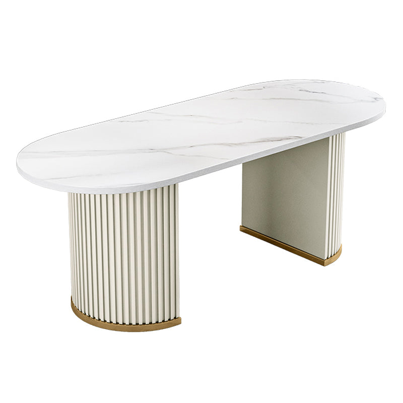 Eigentijdse ovale eettafel gesinterde stenen eettafel met dubbel voetstuk