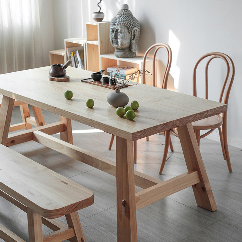 Rectangle Pine Solid Wood Table Minimalist Dining Table with Trestle Base for Restaurant