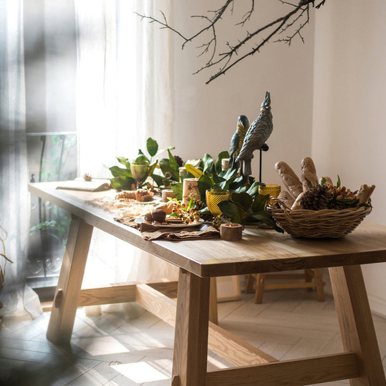 Rectangle Pine Solid Wood Table Minimalist Dining Table with Trestle Base for Restaurant