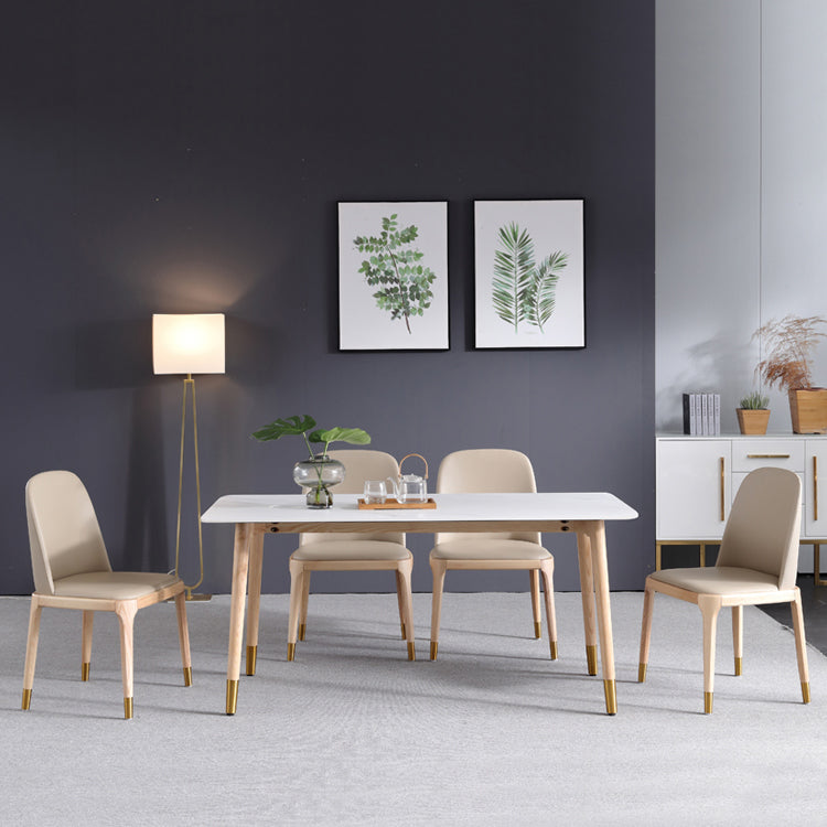 Mesa de comedor rectangular moderna de piedra sinterizada, mesa superior de piedra blanca con 4 patas de madera