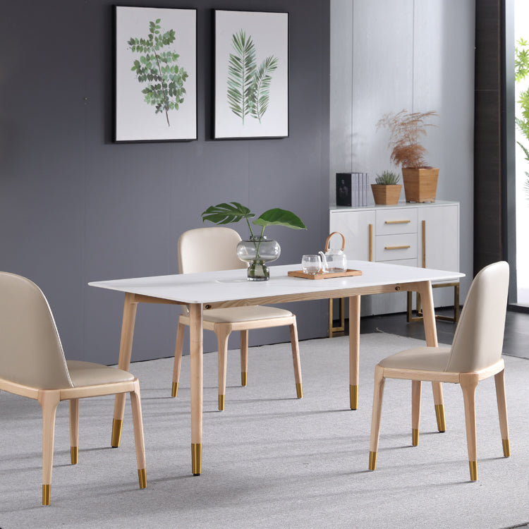 Mesa de comedor rectangular moderna de piedra sinterizada, mesa superior de piedra blanca con 4 patas de madera