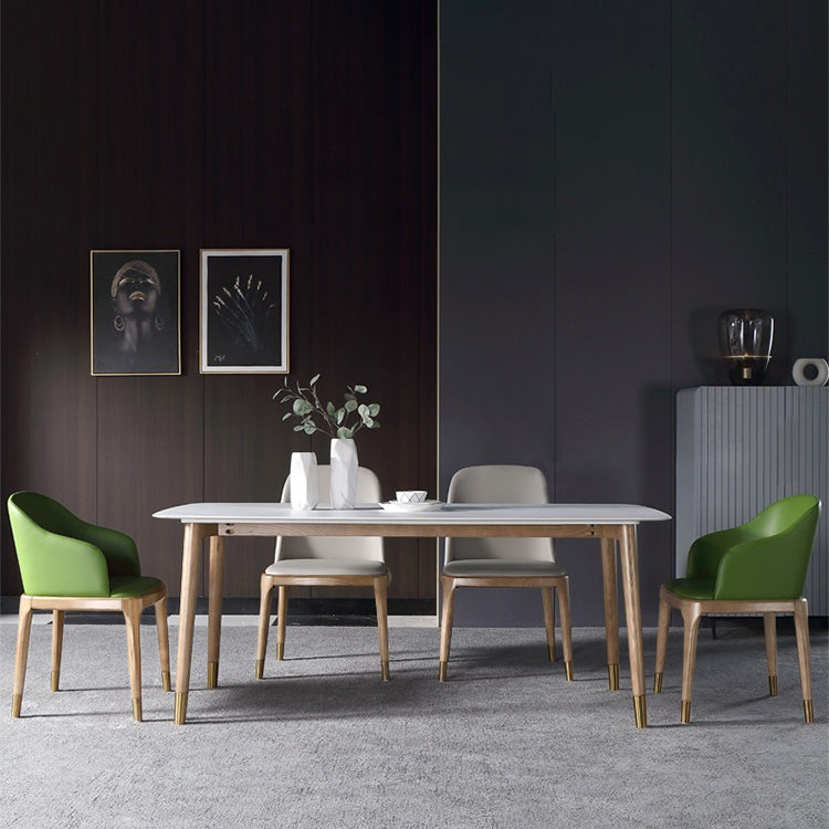 Mesa de comedor rectangular moderna de piedra sinterizada, mesa superior de piedra blanca con 4 patas de madera