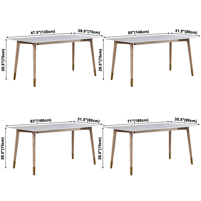 Mesa de comedor rectangular moderna de piedra sinterizada, mesa superior de piedra blanca con 4 patas de madera