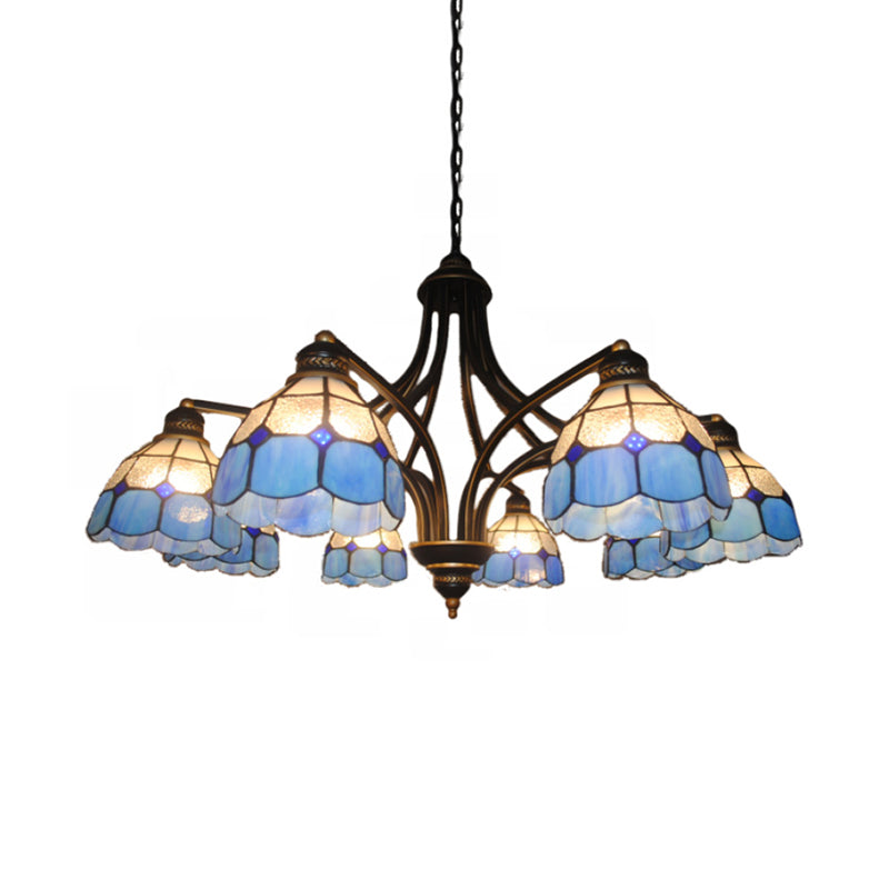 Lustre en verre bleu en verre semi avec chaîne métallique 6/8 lumières