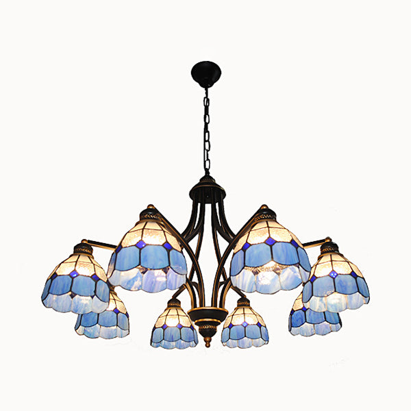 Lustre en verre bleu en verre semi avec chaîne métallique 6/8 lumières