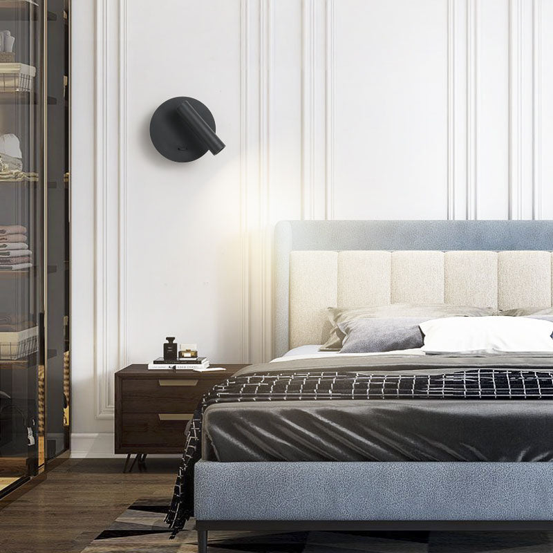 Splock de pared de metal negro con interruptor de luz de pared círculo de 1 luz para el dormitorio para el dormitorio