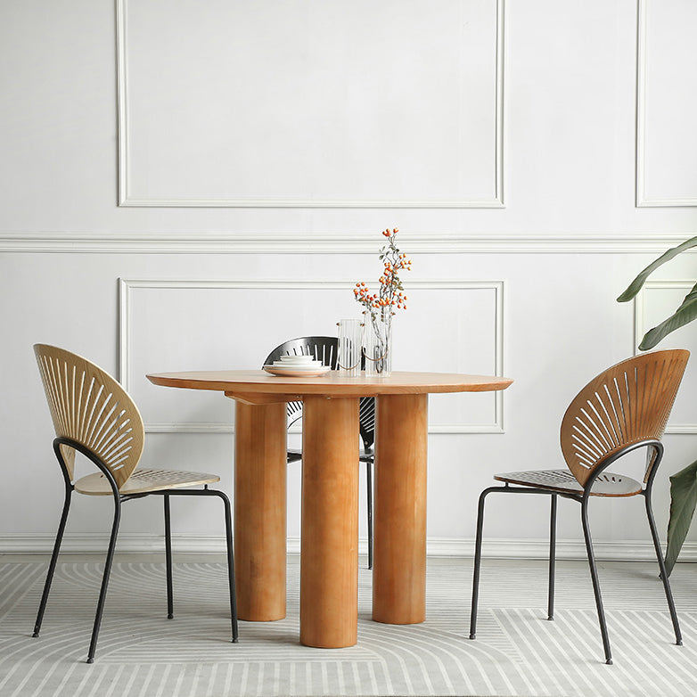 Round Pedestal Contemporary Dining Table Brown Tone Fixed Table of Solid Wood