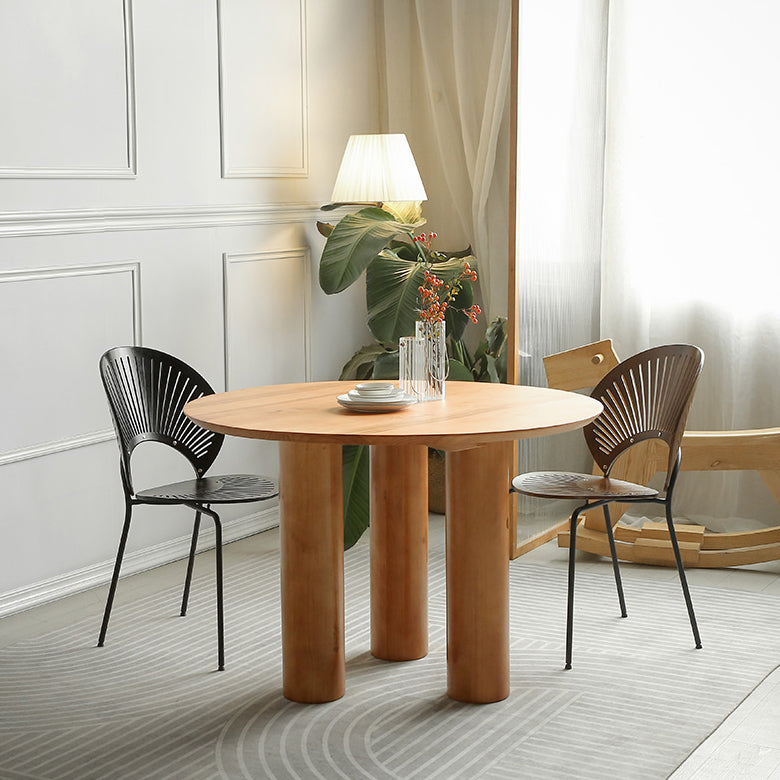 Round Pedestal Contemporary Dining Table Brown Tone Fixed Table of Solid Wood