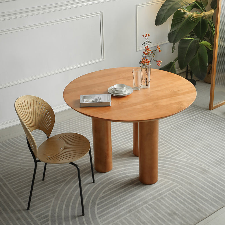 Round Pedestal Contemporary Dining Table Brown Tone Fixed Table of Solid Wood