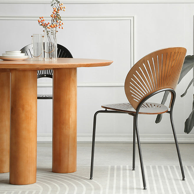 Round Pedestal Contemporary Dining Table Brown Tone Fixed Table of Solid Wood