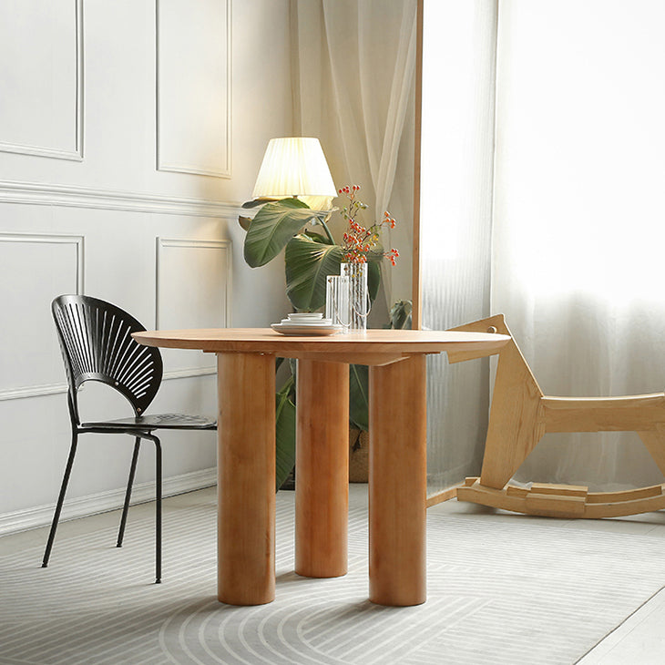 Round Pedestal Contemporary Dining Table Brown Tone Fixed Table of Solid Wood