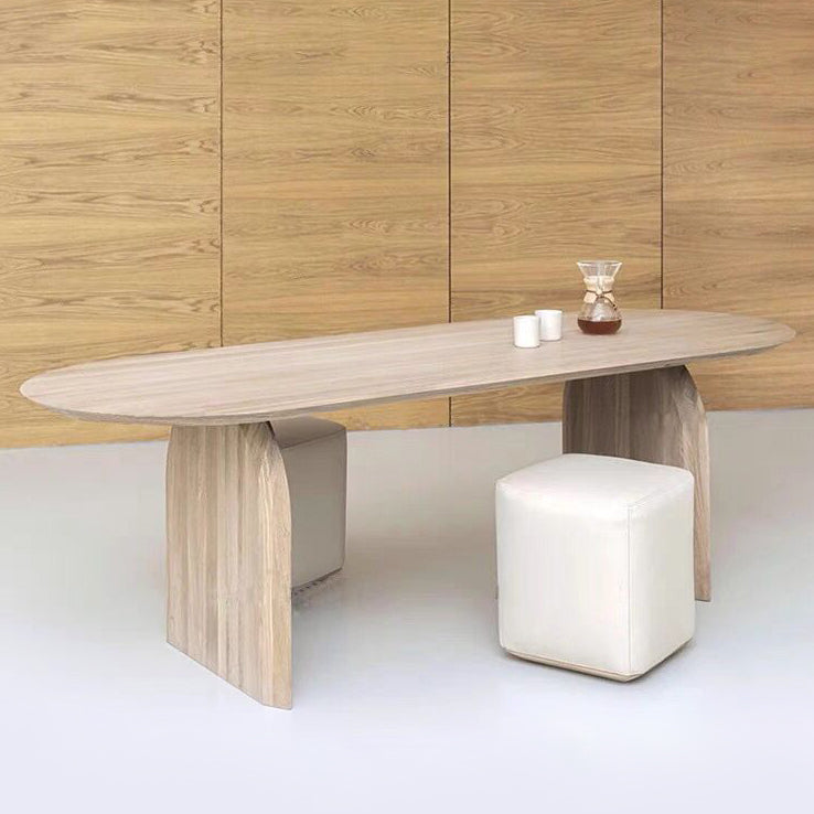 Oval Shape Double Pedestal Modern Dining Table Wood Color Fixed Table of Solid Wood