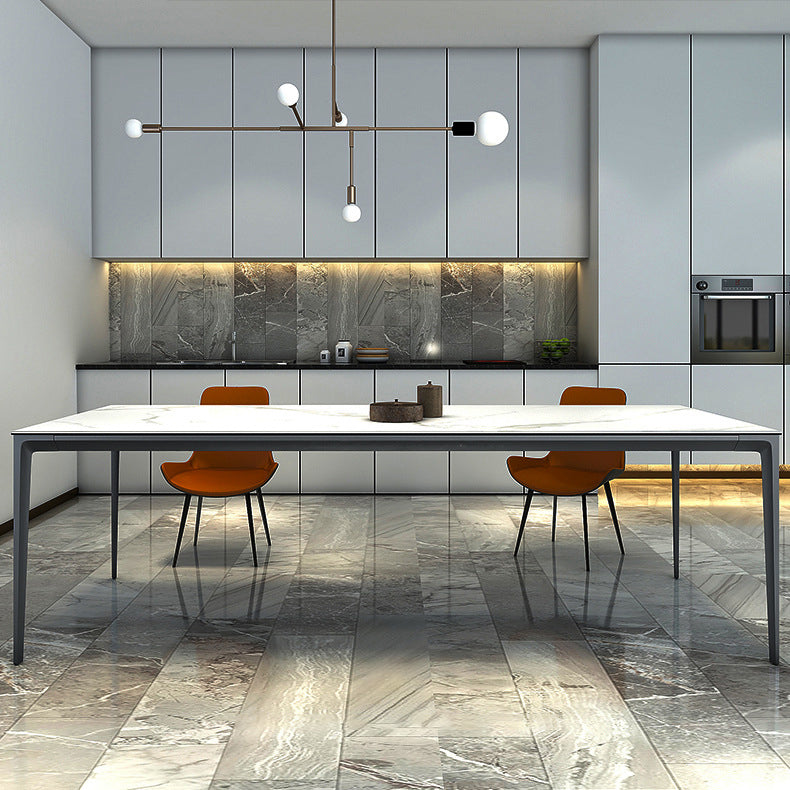 Metal Contemporary Rectangular Table High Gloss White Sintered Stone Dining Table with 4 Legs