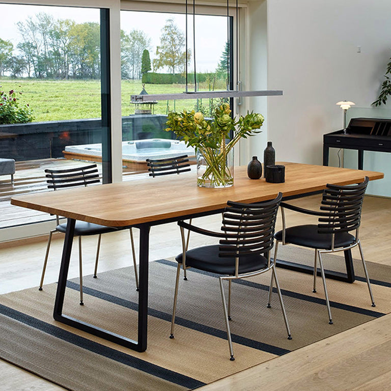 Modern Pine Solid Wood Table Rectangle Dining Table with Metal Black Double Pedestal Base