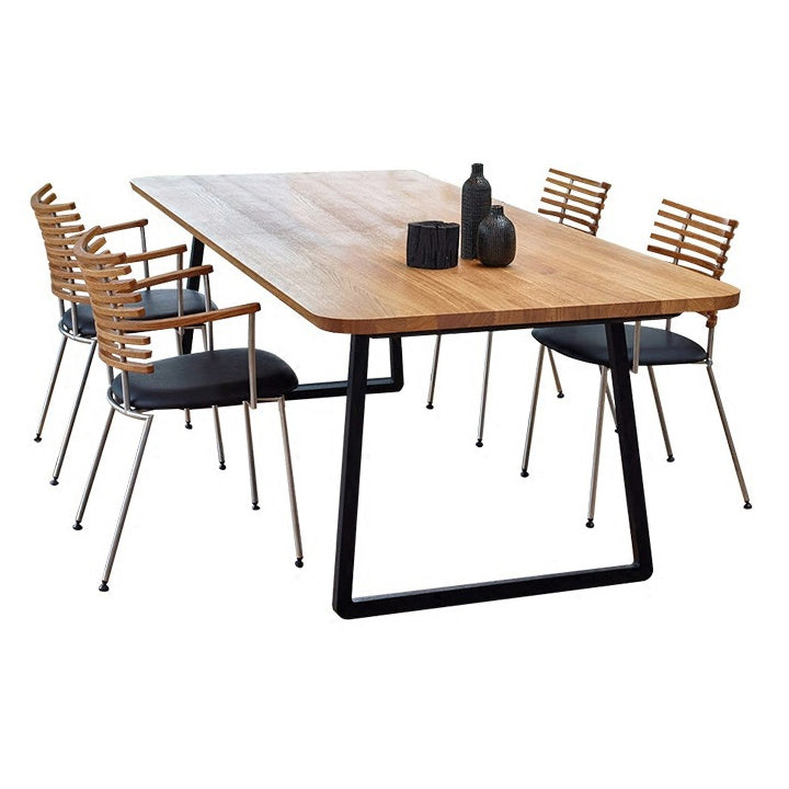 Modern Pine Solid Wood Table Rectangle Dining Table with Metal Black Double Pedestal Base