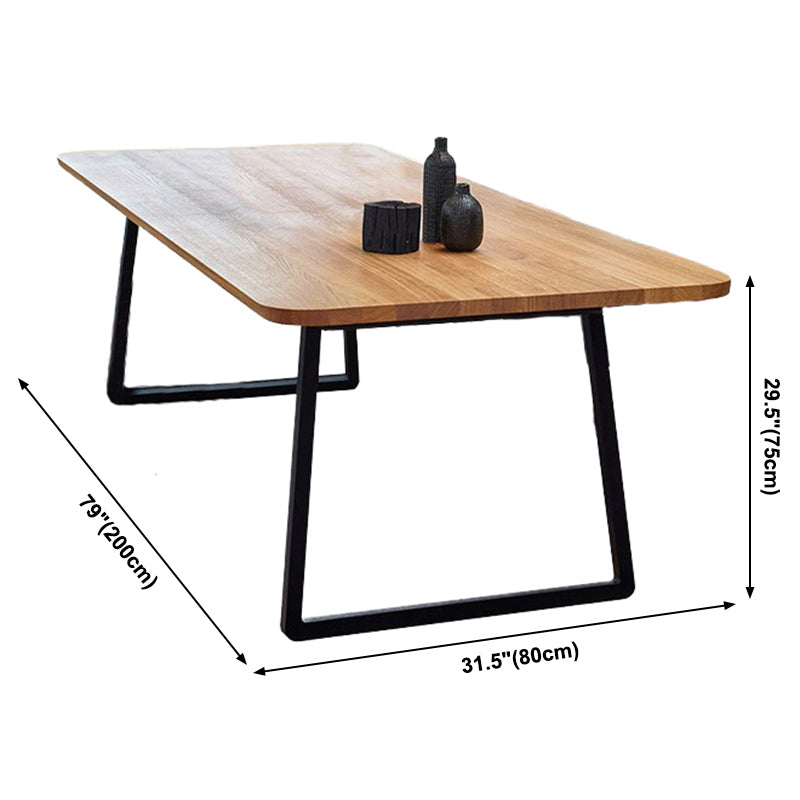 Modern Pine Solid Wood Table Rectangle Dining Table with Metal Black Double Pedestal Base