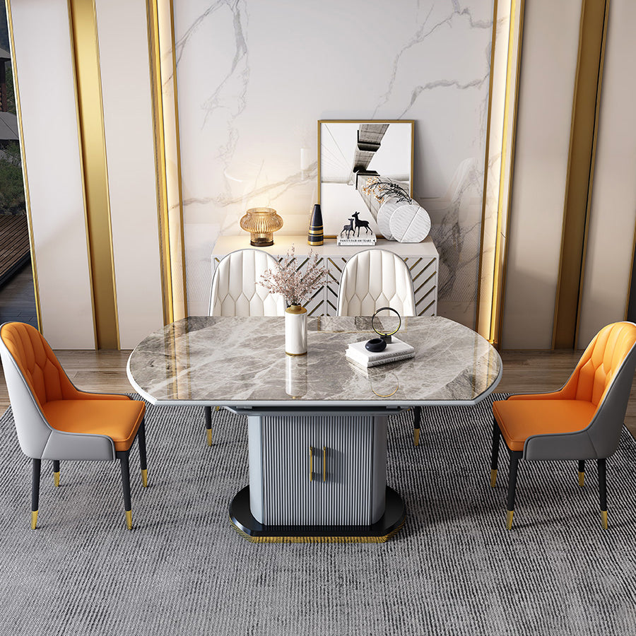 Mesa de comedor de piedra sinterizada de estilo moderno, mesa redonda abatible con base de metal