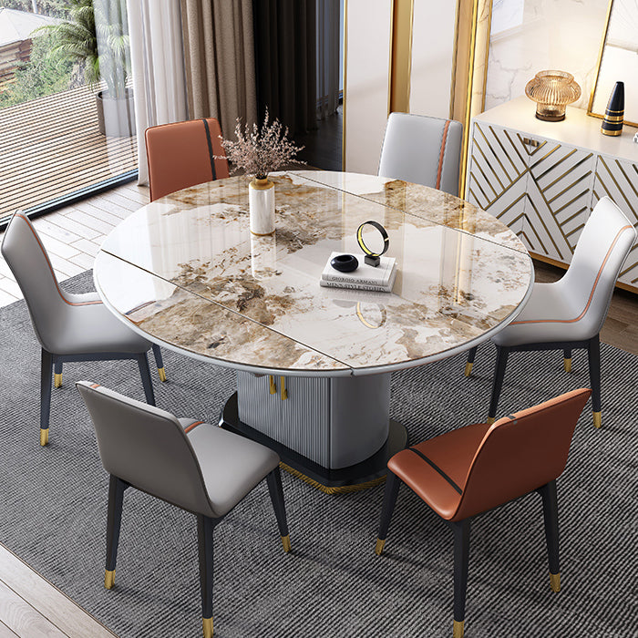 Mesa de comedor de piedra sinterizada de estilo moderno, mesa redonda abatible con base de metal