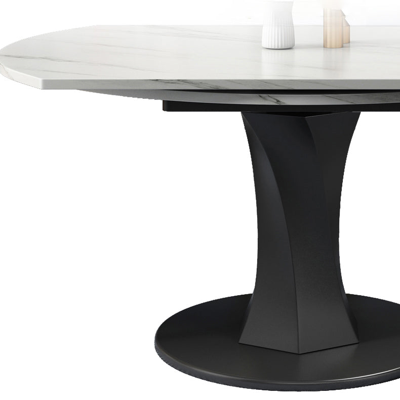 Modern Style Sintered Stone Dining Table White Round Drop-Leaf Table with Pedestal Base