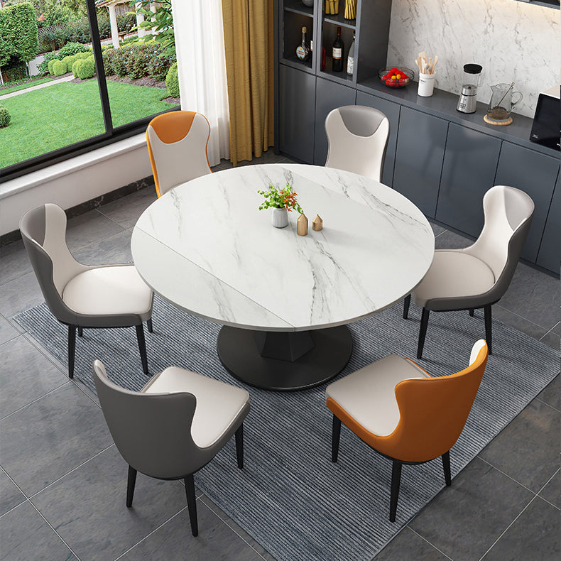 Modern Style Sintered Stone Dining Table White Round Drop-Leaf Table with Pedestal Base
